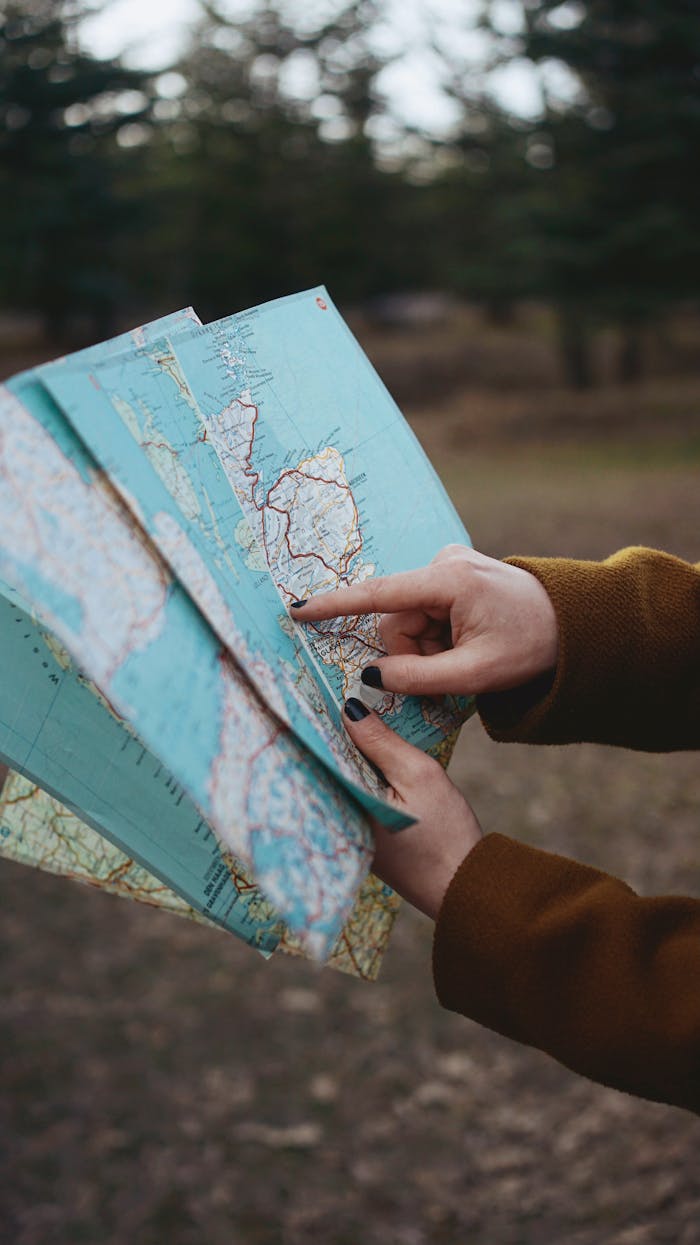 team-02 A person pointing at a paper map outdoors in a wooded area, showcasing exploration.